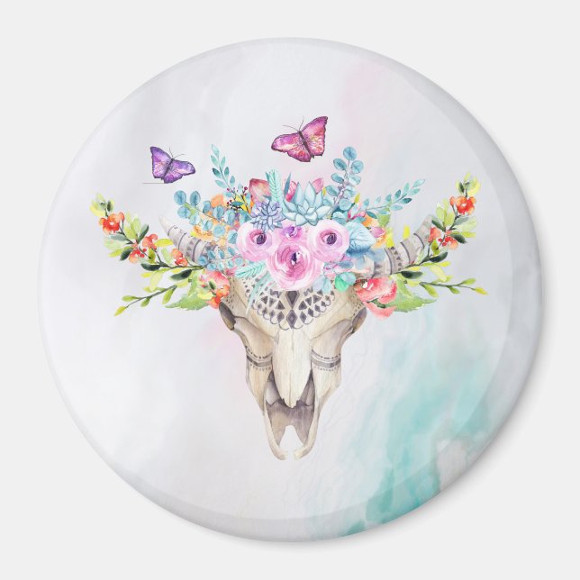 Aimant Crâne animal Boho avec papillons et fleurs (Devant)
