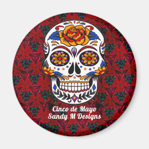 Aimant Crâne de sucre Cinco de Mayo Nom floral rouge