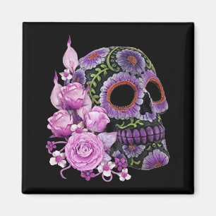 Aimant Crâne de sucre rose floral noir Jour des morts