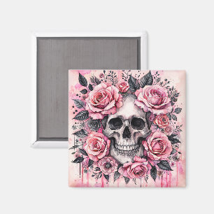 Aimant Crâne gothique et roses roses roses aquarelles Art