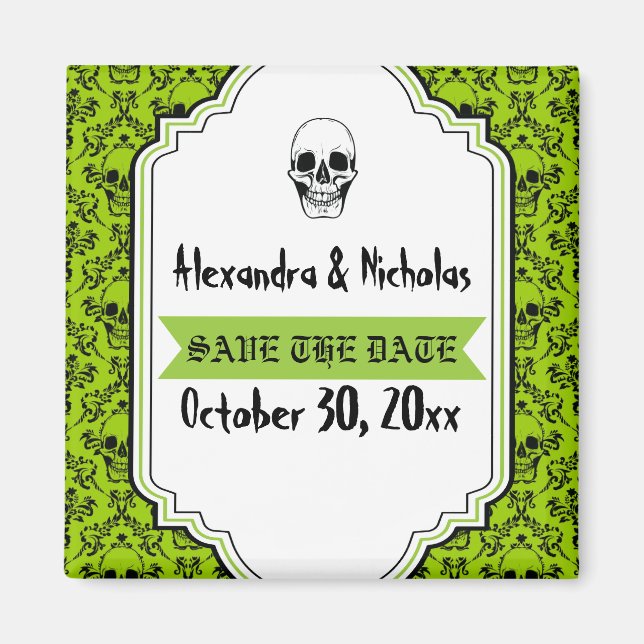 Aimant Crânes damask vert, mariage noir Enregistrer la da (Devant)