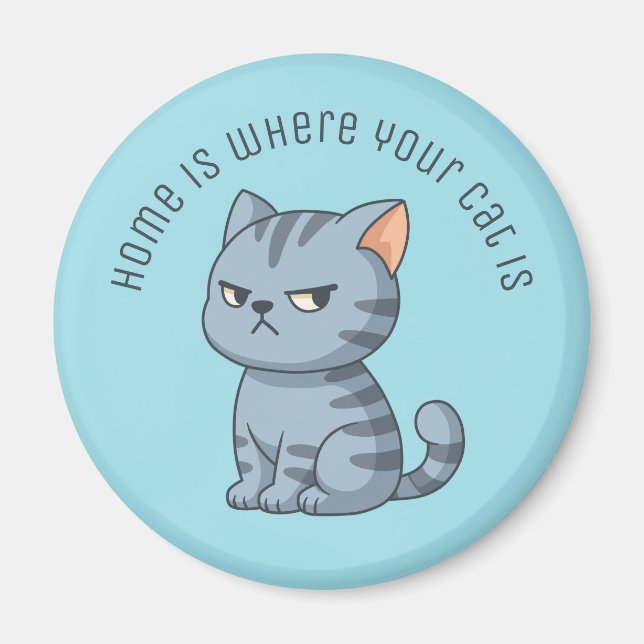 Aimant Cranky Grey Tabby Cat Custom Text Blue (Devant)