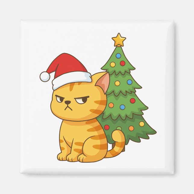Aimant Cranky Orange Tabby Cat Red Hat Christmas Tree (Devant)