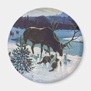 Aimant Créatures forestières vintages et wapitis en neige