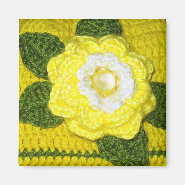 Aimant Crochet rose jaune vif et Feuilles verts Imprimer (Devant)
