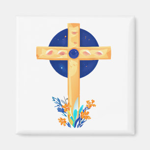 Aimant Croix chrétienne aux fleurs