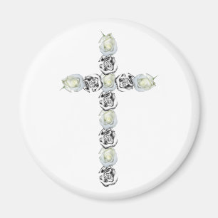 Aimant Croix d'argent et des roses blancs