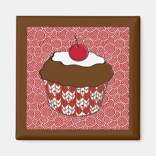 Aimant Cupcake au chocolat sur Motif rouge et blanc (Devant)