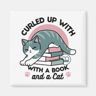 Aimant Curieux avec un livre et un chat - Lecture confort