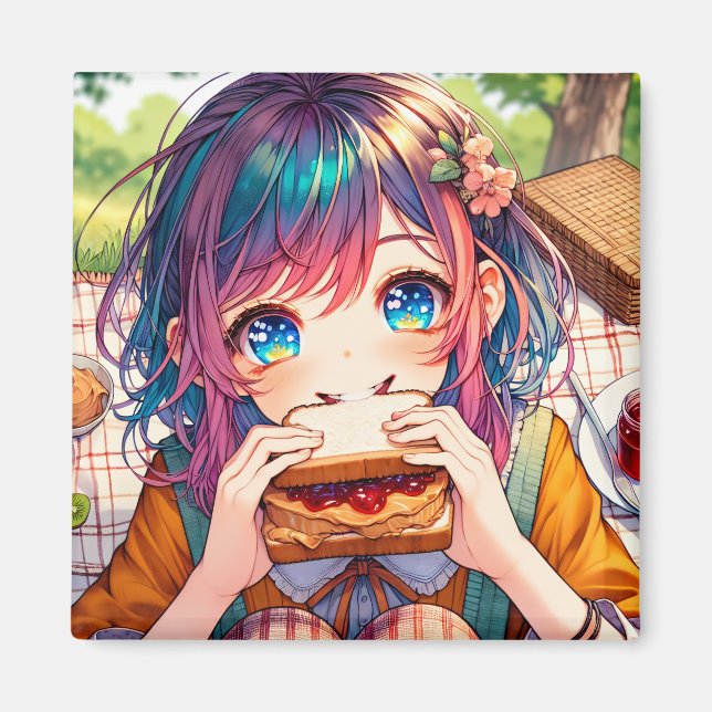 Aimant Cute Anime Girl mangeant un beurre d'arachide et g (Devant)
