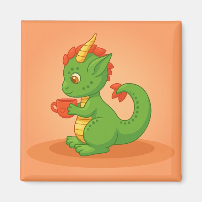 Aimant Cute Baby Dragon Holding Cup on Orange (Devant)