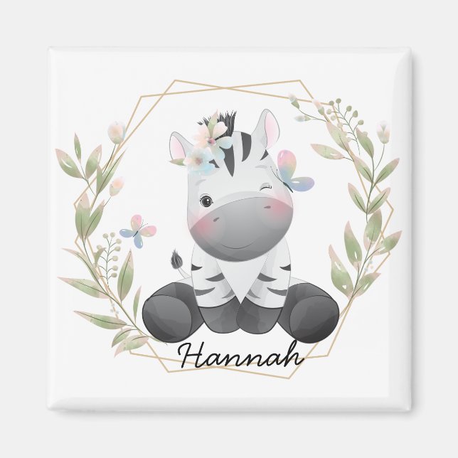 Aimant Cute Baby Zebra Flower Wreath Nom personnalisé (Devant)