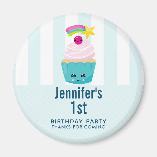 Aimant Cute Blue Cupcake avec Kawaii Visage Anniversaire  (Devant)