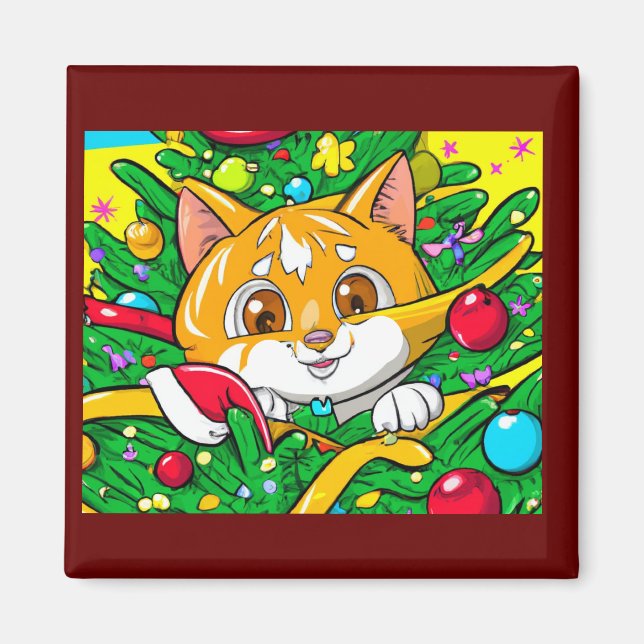 Aimant Cute chaton dans le sapin de Noël amusant (Devant)