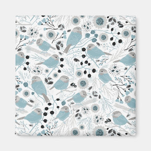 Aimant Cute Chickadee Birds Blue Gray Flowers Berries