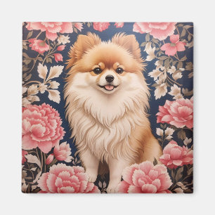 Aimant Cute Chien Poméranien Rose Floral