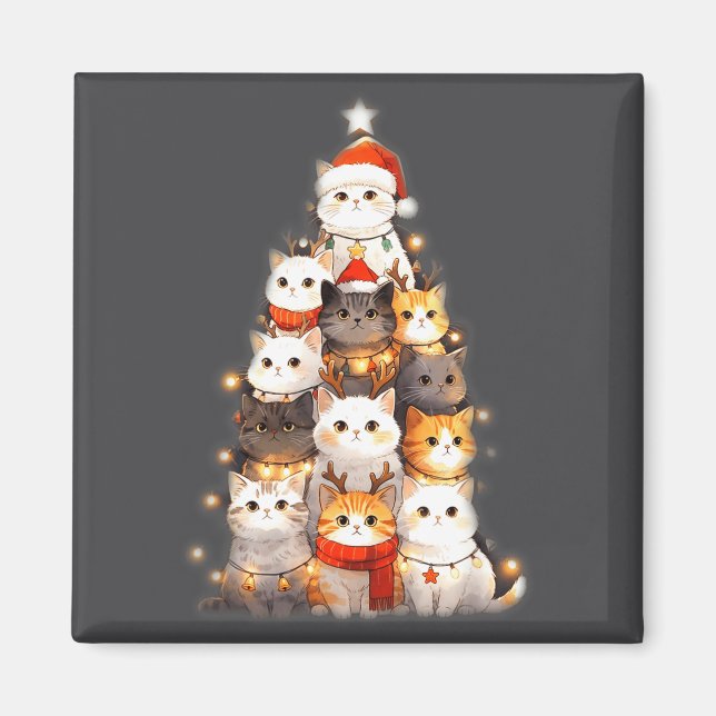 Aimant Cute Christmas Cats Tree Lights Holiday Kittens Il (Devant)