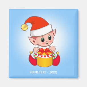 Aimant Cute Christmas Elf & Votre Texte sur Fond Bleu Cla