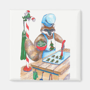 Aimant Cute Christmas Raccoon Chef culinaire Conçu