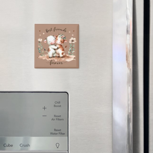 Aimant Cute Cow Meilleurs amis Hug Floral Art (In situ (réfrigérateur))