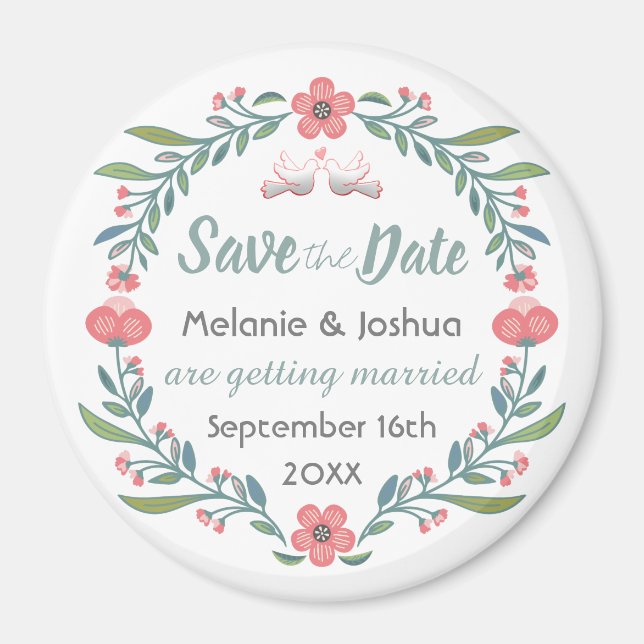 Aimant Cute Floral et Dove Wreath Enregistrer la date (Devant)