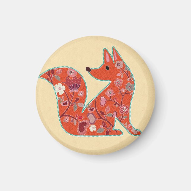 Aimant Cute Fox Floral Pattern Art folklorique (Devant)