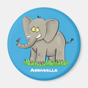 Aimant Cute funny elephant with bird on trunk cartoon