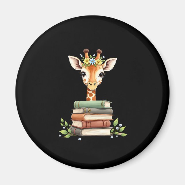 Aimant Cute Giraffe With Book Floral Bookworm Librarian B (Devant)