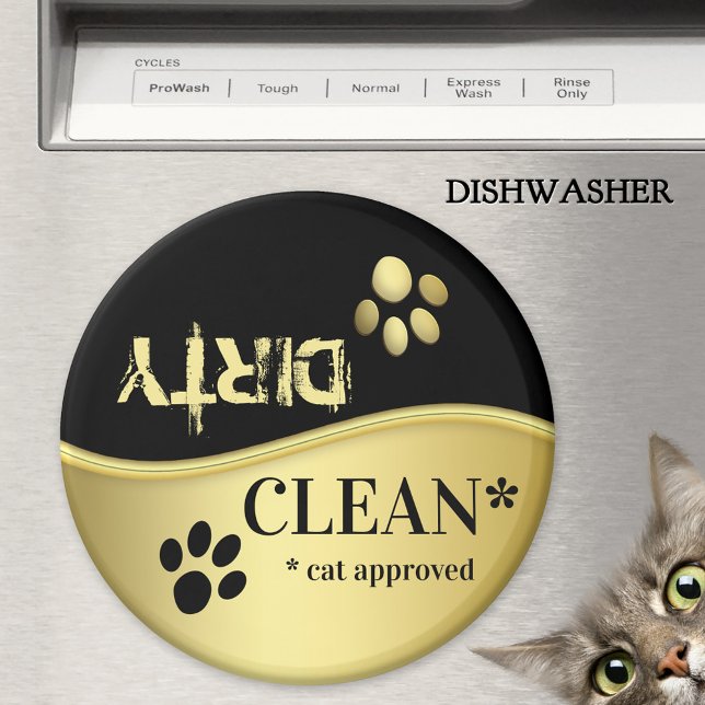 Aimant Cute Gold Black Cat Paws Clean Dirty Dishwasher  (Clean-dirty dishwasher magnet featuring cute cat paws on gold and black.)
