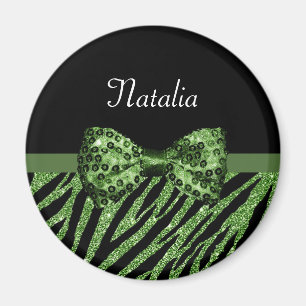 Aimant Cute Green Zebra Print FAUX Glitz Bow avec nom