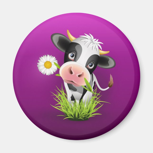 Aimant Cute Holstein cow in grass over purple (Devant)