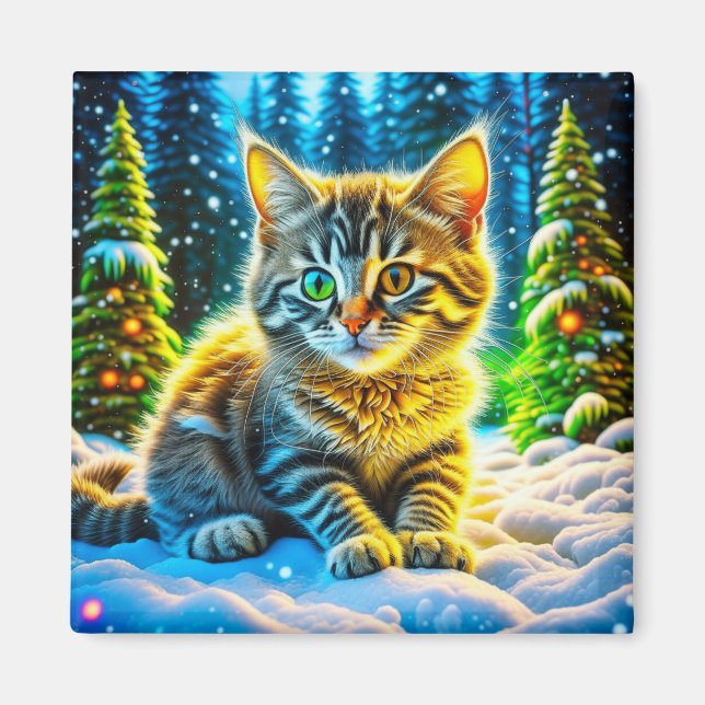 Aimant Cute Kitty Chat Jouer dehors le soir de Noël (Devant)