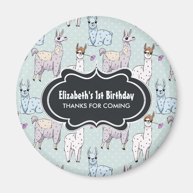 Aimant Cute Llama Motif à l'anniversaire Pois (Devant)