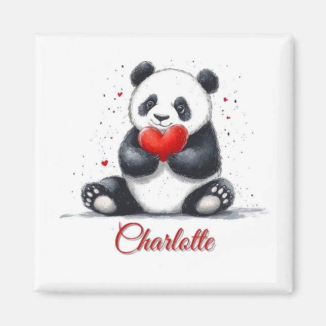 Aimant Cute Panda Holding Heart avec nom personnalisable (Devant)