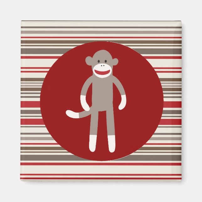 Aimant Cute Sock Monkey on Red Circle Red Brown Stripes (Devant)