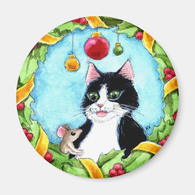 Aimant Cute tabby cat, mouse, Christmas winter snow (Devant)
