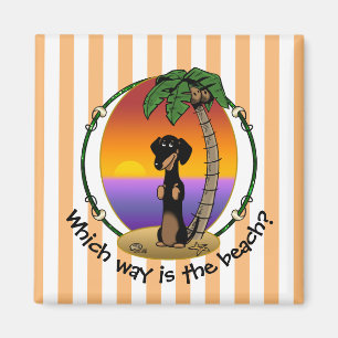 Aimant Cute Tropical Island Beach Dachshund (noir & bronz
