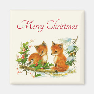 Aimant Cute Vintage Foxes Retro Christmas Scene