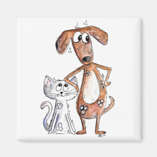 Aimant Cute Whimsical Brown chien et chat gris