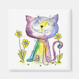 Aimant Cute Whimsical Happy Chat avec Fleurs Jaunes