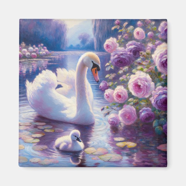 Aimant Cygnet blanc avec Roses violets (Devant)