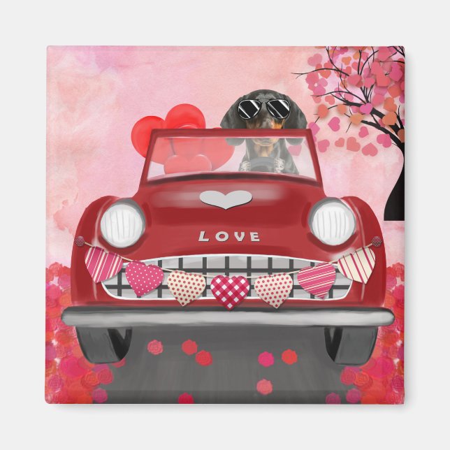 Aimant Dachshund Chien voiture avec les coeurs Valentine' (Devant)