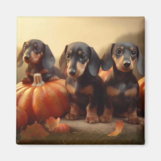 Aimant Dachshund Chiot Automne Citrouille de plaisir (Devant)