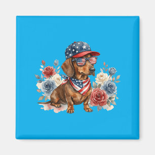Aimant Dachshund Floral Drapeau Américain Usa 4 Juillet
