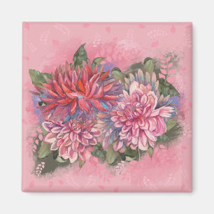 Aimant Dahlias flowers pink watercolor pattern