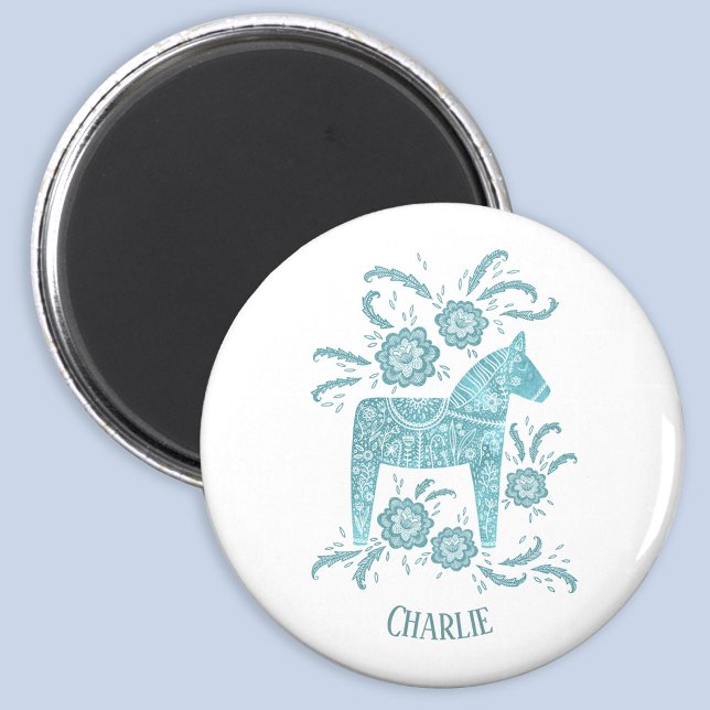Aimant Dala Horse Turquoise Suédois Folk Art Personnalisé (Swedish Dala Horse personalized custom name magnet)
