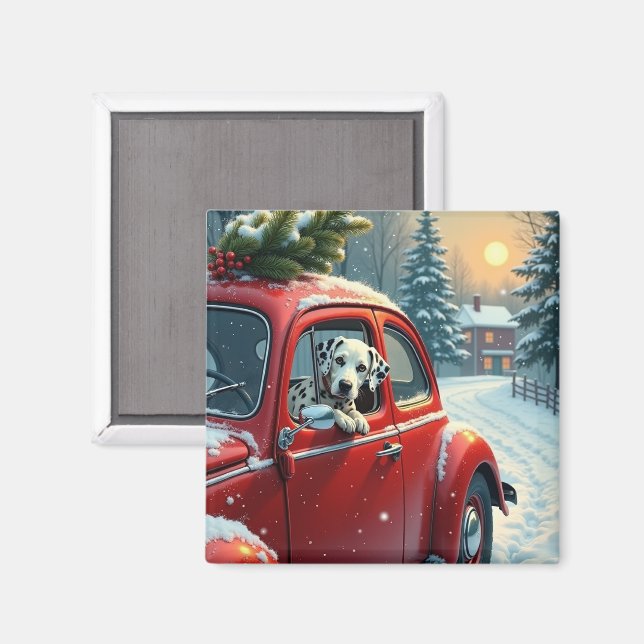 Aimant Dalmatian Snowy Car Ride Christmas Painting (Recto/Verso)