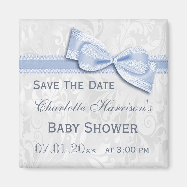 Aimant Damas Blanches & Baby shower Bleu Bow Enregistrer  (Devant)
