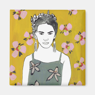 Aimant Dame en fleurs roses - Jaune