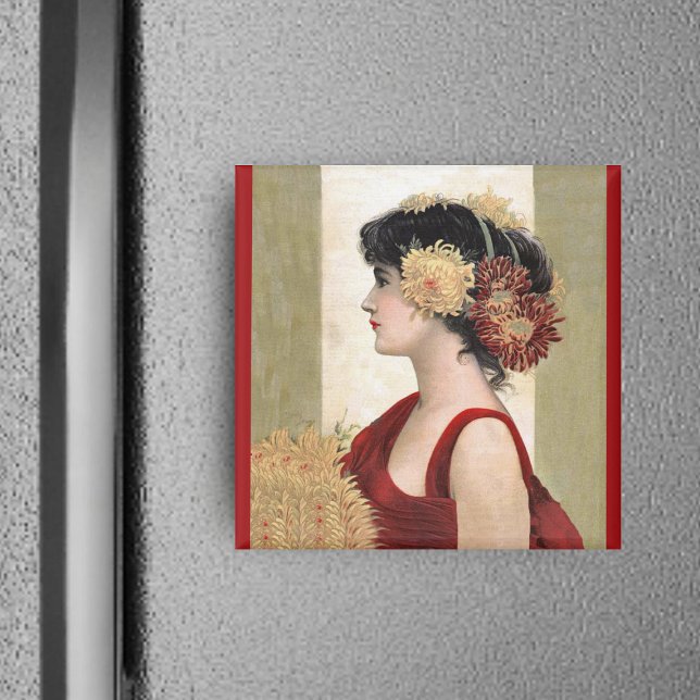 Aimant Dame romantique au rouge (Pretty vintage lady red dress with flowers on hair on white, red and tan square magnet.)